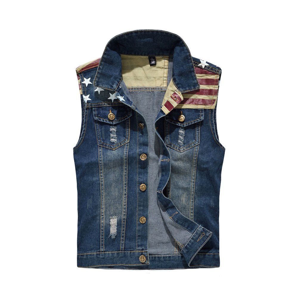 

Men's Denim Fashion Style Cool Flage Patchwork Hole Design Washed Vest, Blue