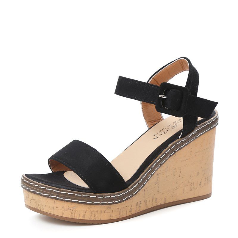 

Fashionable Joker Wedge A Word Buckle Female Sandals, Black