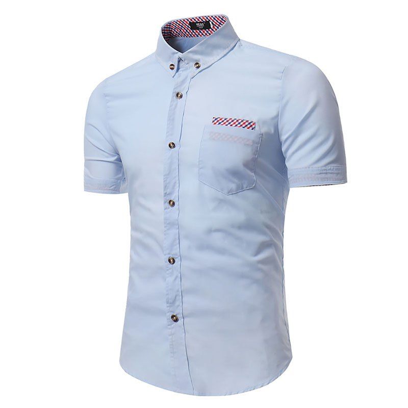 

Men's Summer New Short Sleeve Shirt Plaid Decoration Casual Shirt, Sky blue