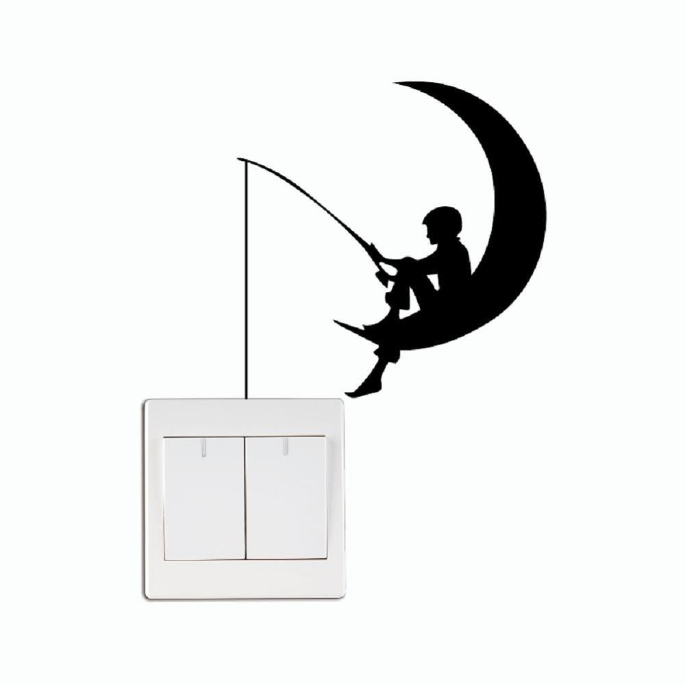 

DSU Fisherman Fishing Moon Vinyl Switch Sticker for Kids Room Bedroom Home Decor, Black