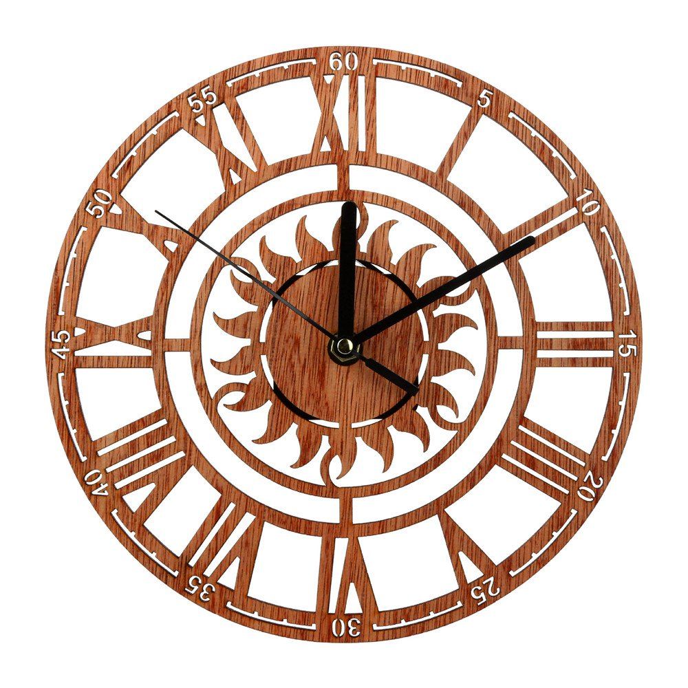 

Circular Sun Roman Numerals Creative Wooden Tree Wall Clock, Wood