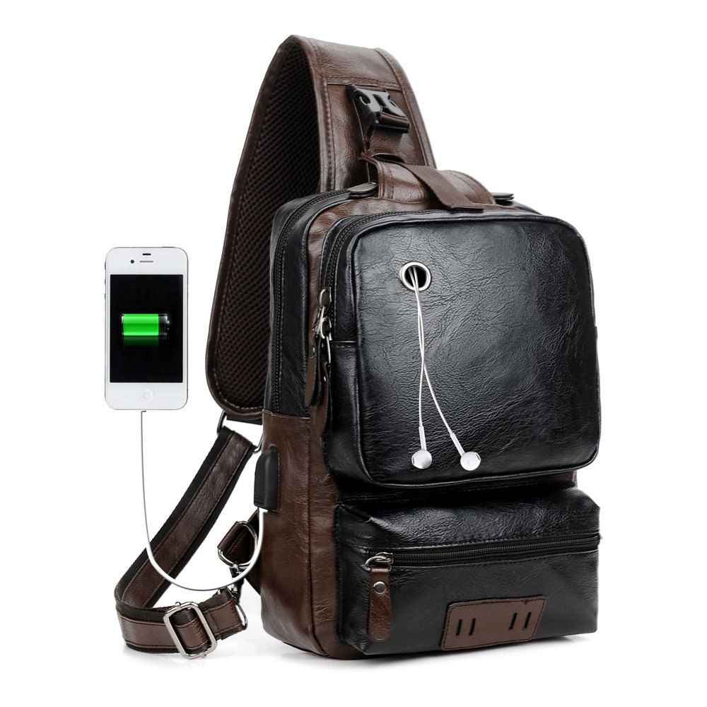 

Anti-Theft External USB Charge Messenger Bag Patchwork Men Crossbody Large Capacity Casual Travel, Black