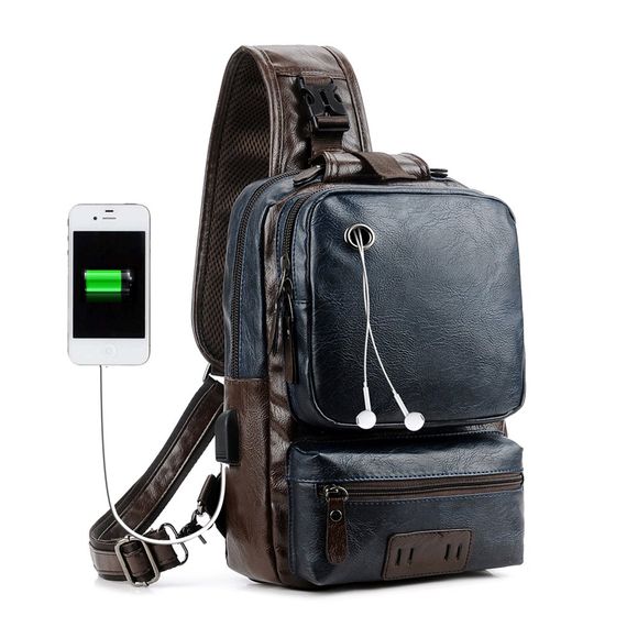 Anti-Vol USB externe Charge Messenger Bag Patchwork Hommes Crossbody Grande Capacité Casual Voyage - Bleu Marine 