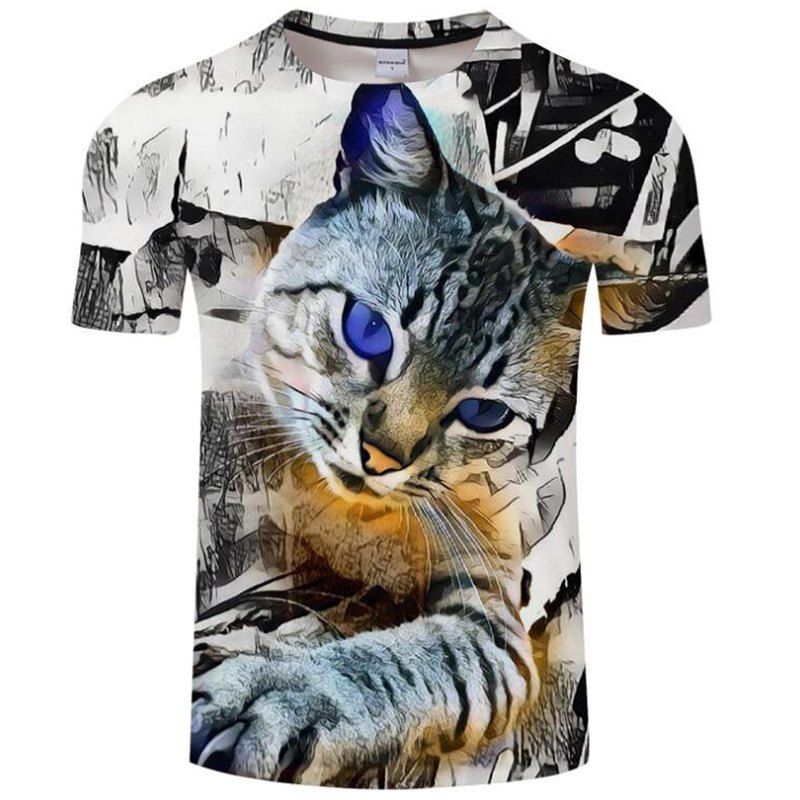 

Men's Casual 3D Print Cat Round Neck Short Sleeves T-shirt, Gray