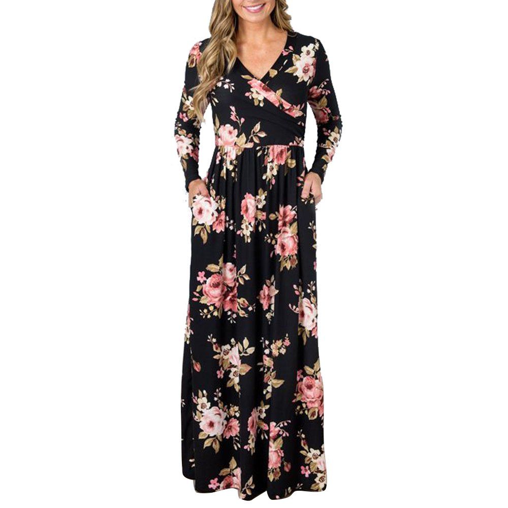 

2018 Women's New Style Printing And Long Sleeved Dress, Black