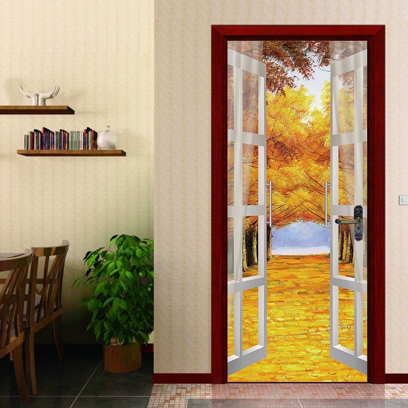 17 Off 2020 3d Double Door Yellow Large Autumn Tree Door Sticker