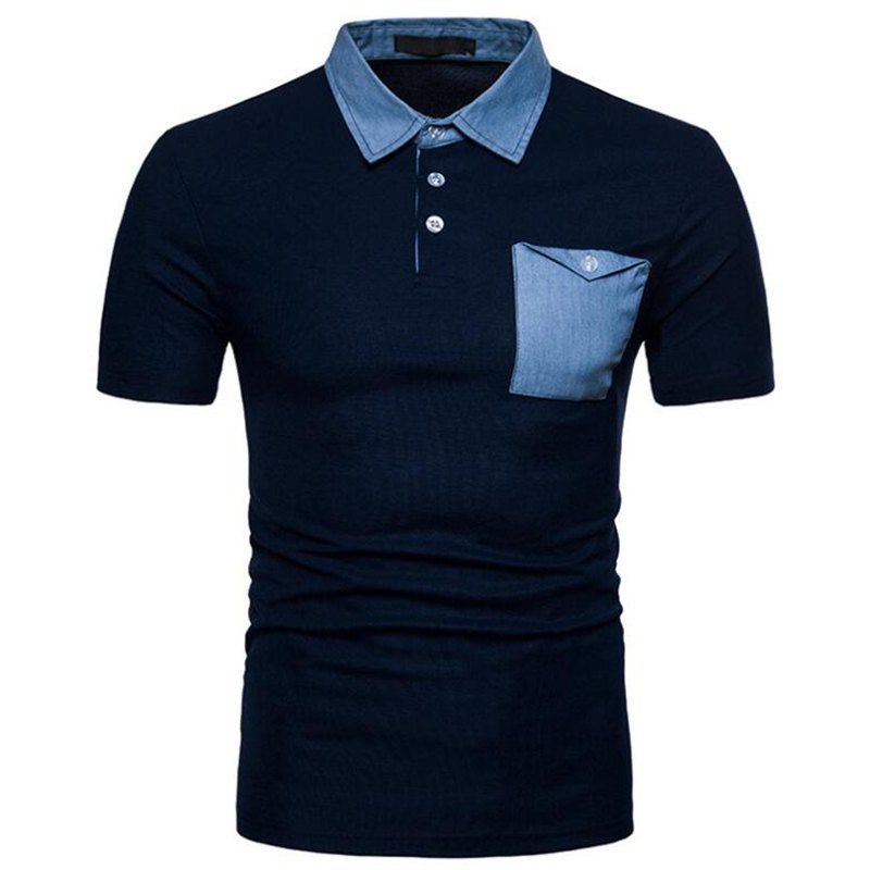 

Men Denim Patch Pocket Two Tone Short Sleeve Casual Polo Shirt, Navy blue