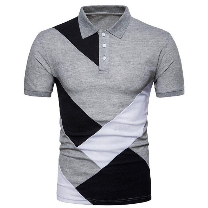 

Men Geometric Color Cotton Top Turndown Collar Short Sleeve Polo Shirt, Light gray