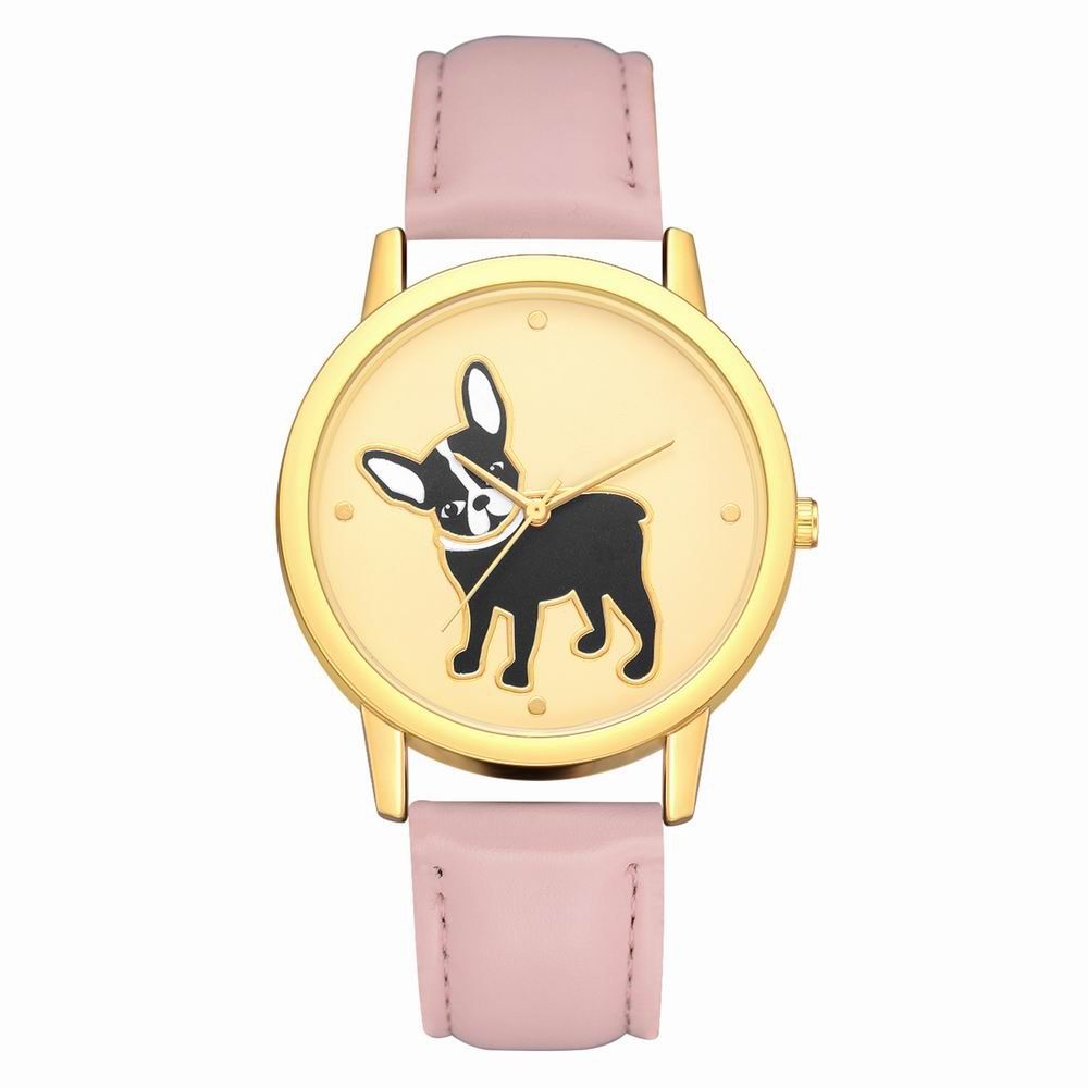 

Fanteeda FD107 Women Golden Bezel Dog Dial Leather Band Quartz Wrist Watch, Misty rose