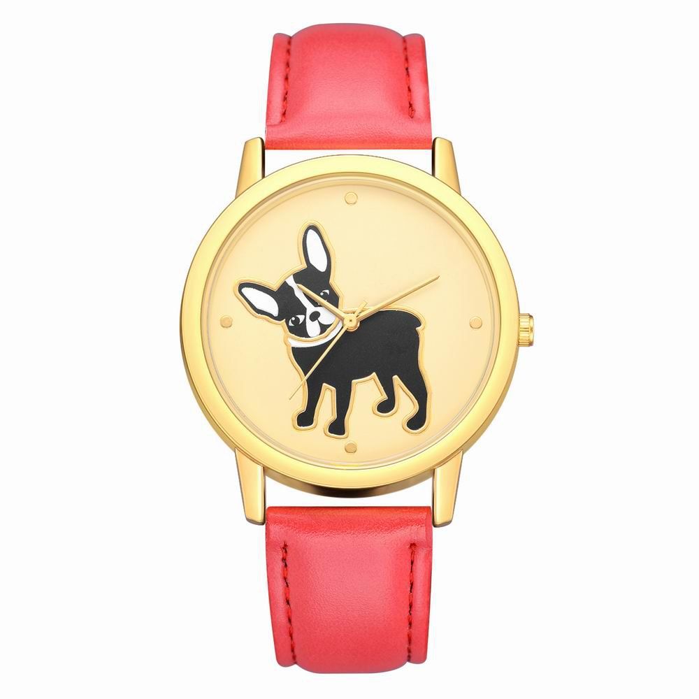 

Fanteeda FD107 Women Golden Bezel Dog Dial Leather Band Quartz Wrist Watch, Red