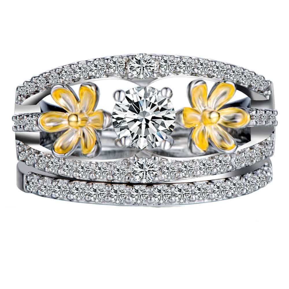 

2PCS European and American Style Gold-plated Two-color Couple Flower Ring Set
