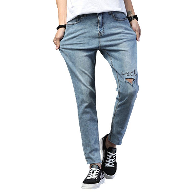 

Broken Hole Pocket Design Men's Jeans, Blue