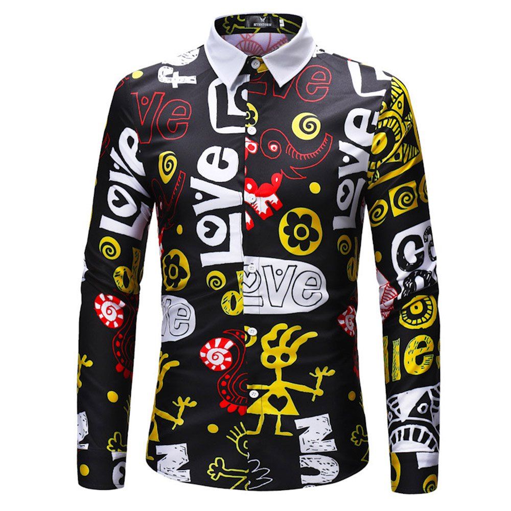 

2018 New Men's Long Sleeve Shirt Abstract Lettering Shirt, Multi-a
