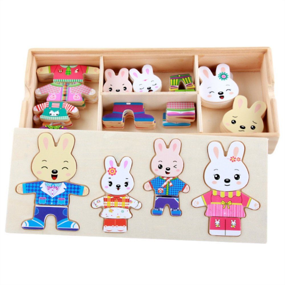 

Wooden Cartoon Four Rabbit Change Clothes Puzzle, Multi