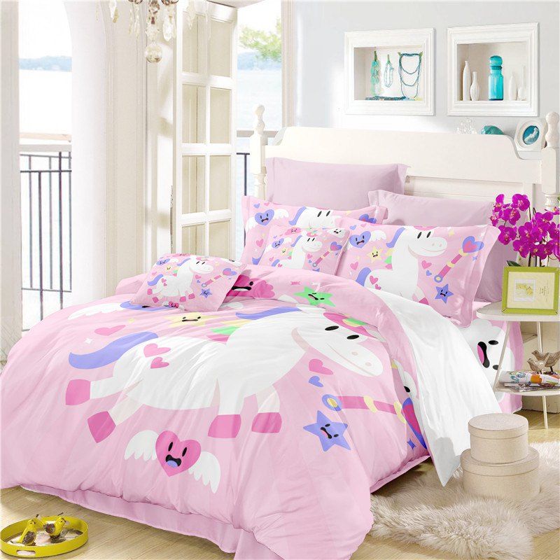 

3D Series of Colorful Cartoon Unicorn Series Bedding Set, Light pink
