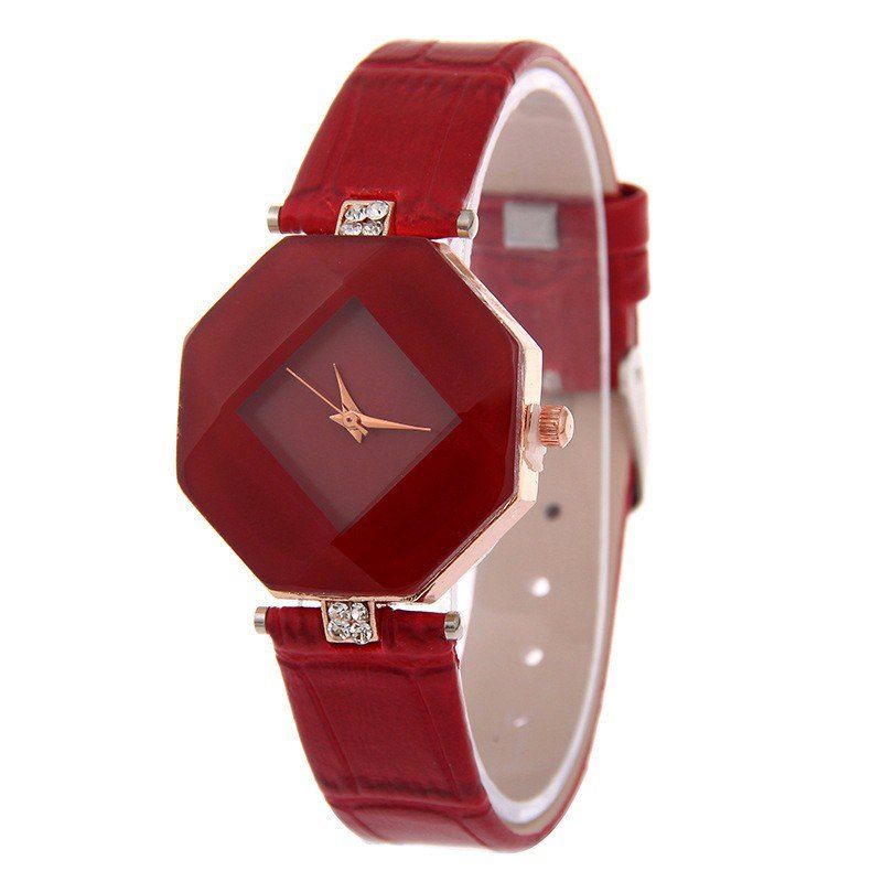 

v5 Women Exquisite Artificial Crystal Leather Quartz Watch, Red wine