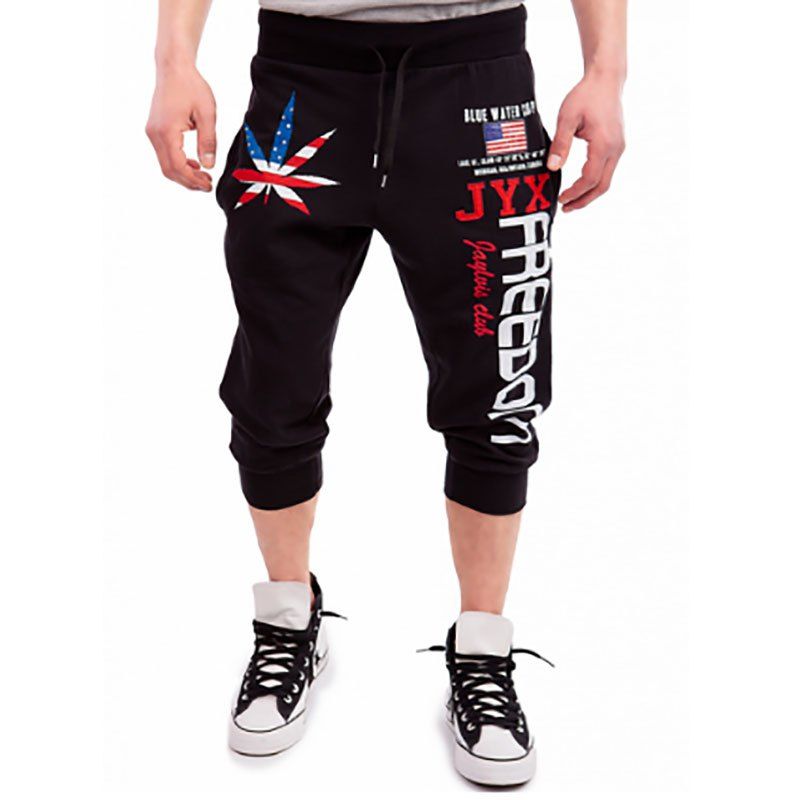 

New Men's Cropped Pants Printed Design Casual Shorts, Black