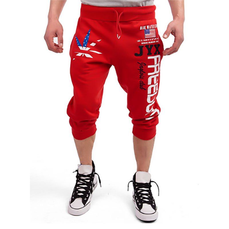 

New Men's Cropped Pants Printed Design Casual Shorts, Red