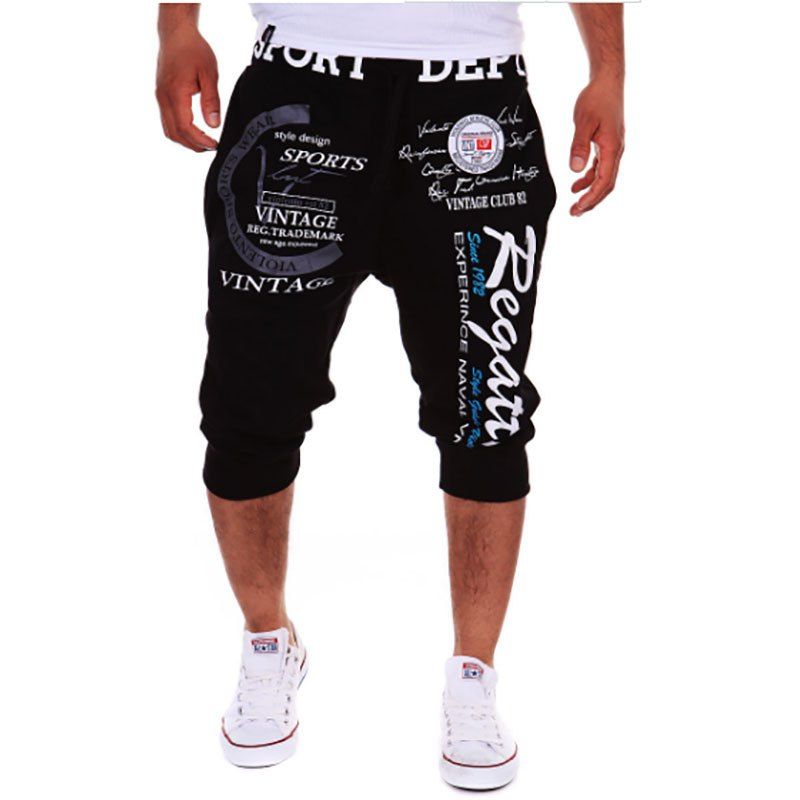 

New Men's Fashion Digital Print Casual Cropped Shorts, Black