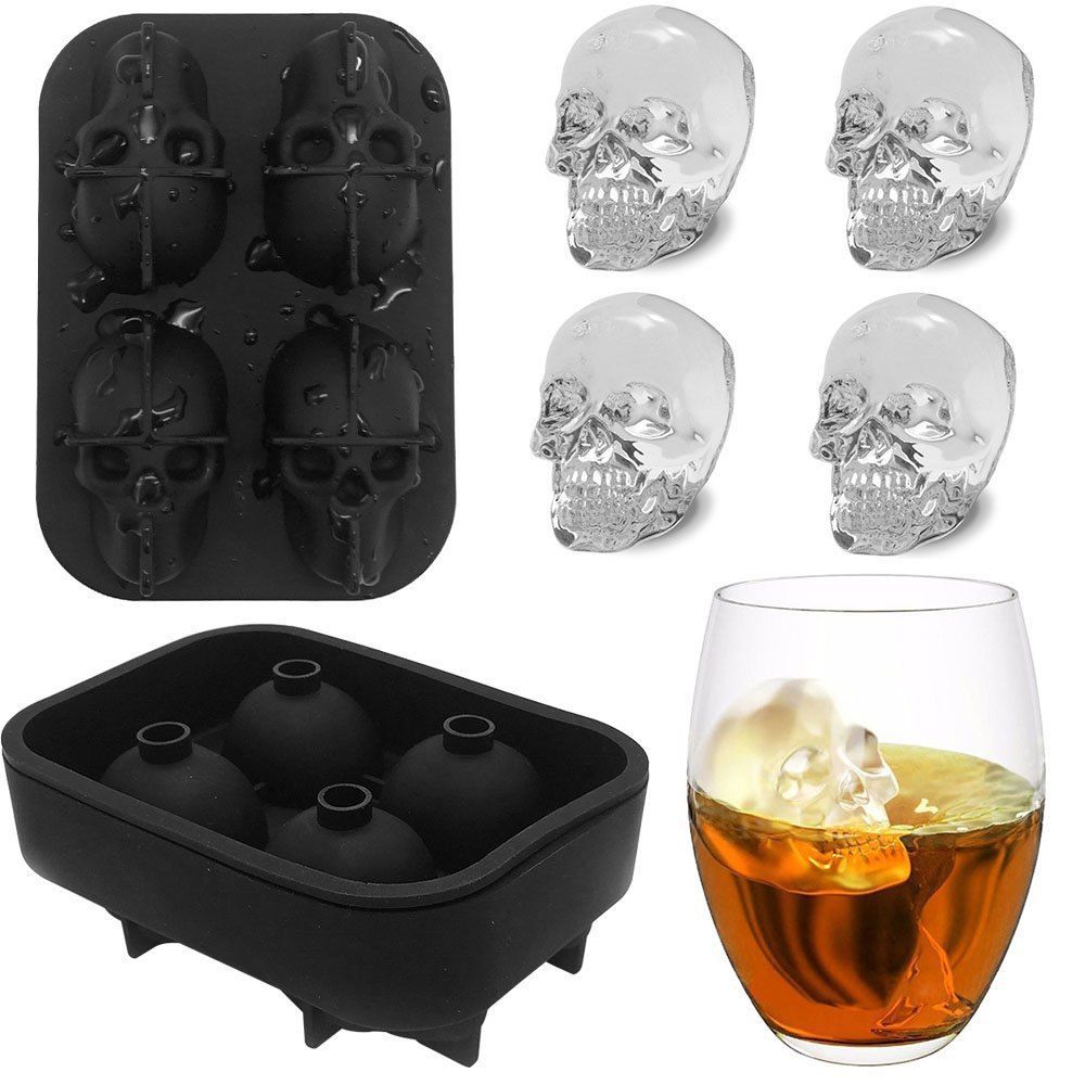 

3D Skull Flexible Silicone Ice Cube Mold Tray, Makes Four Giant Iced Skulls, Easy Release Realistic Skull Ice Cube Make, Natural black