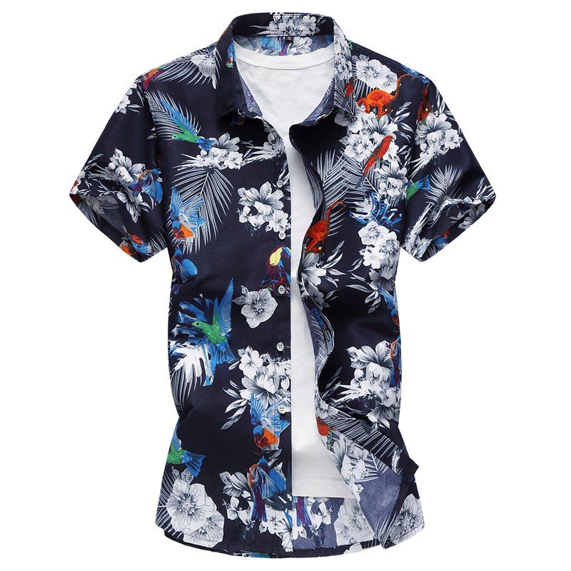 

Summer New Printing Plant Men Loose Fat Shirt, Blue