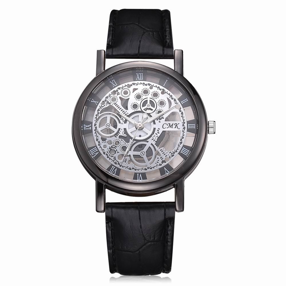 

J001 Men Engraving Hollow Leather Band Quartz Dress Watch, Black