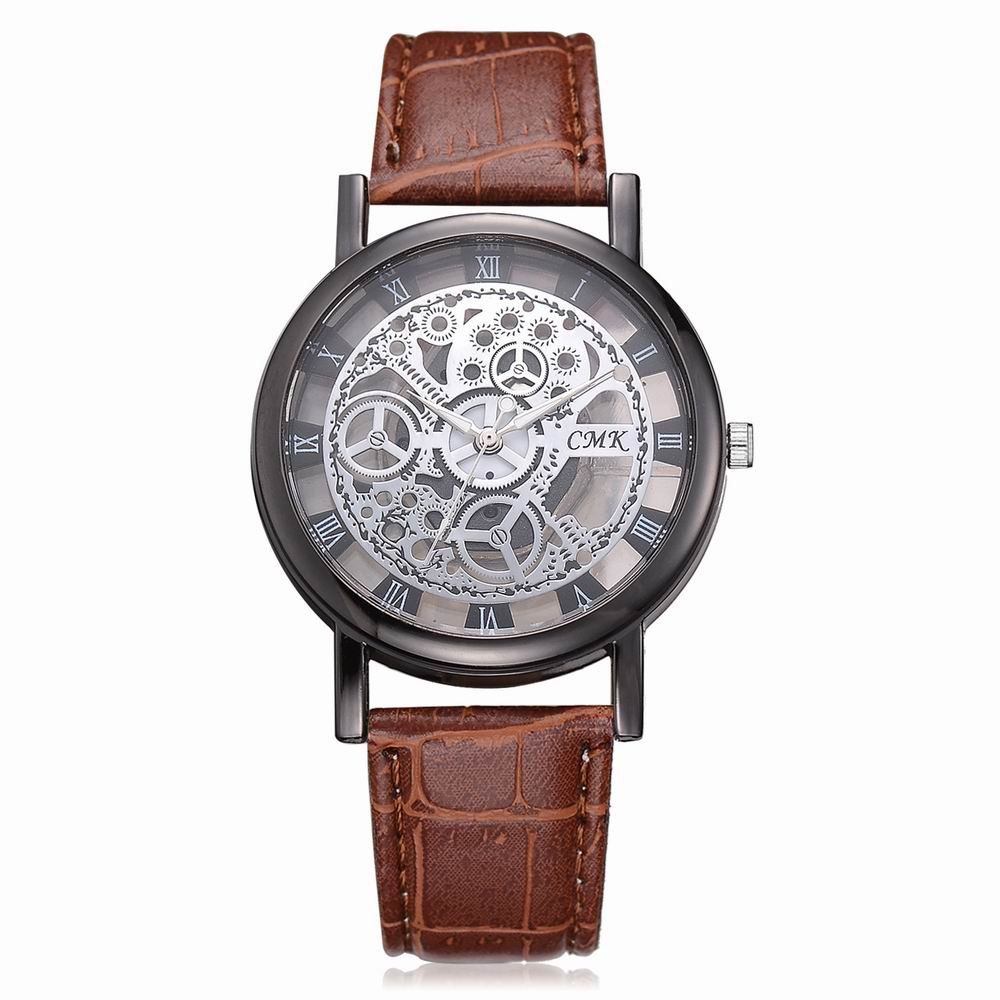 

J001 Men Engraving Hollow Leather Band Quartz Dress Watch, Brown