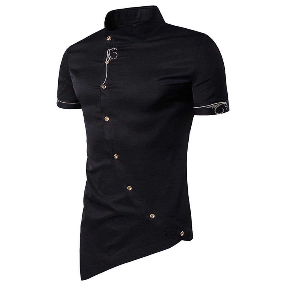 

Men's Clothing Sharp Inclined Front Hem Gentleman Short Sleeve Collar Shirt, Black
