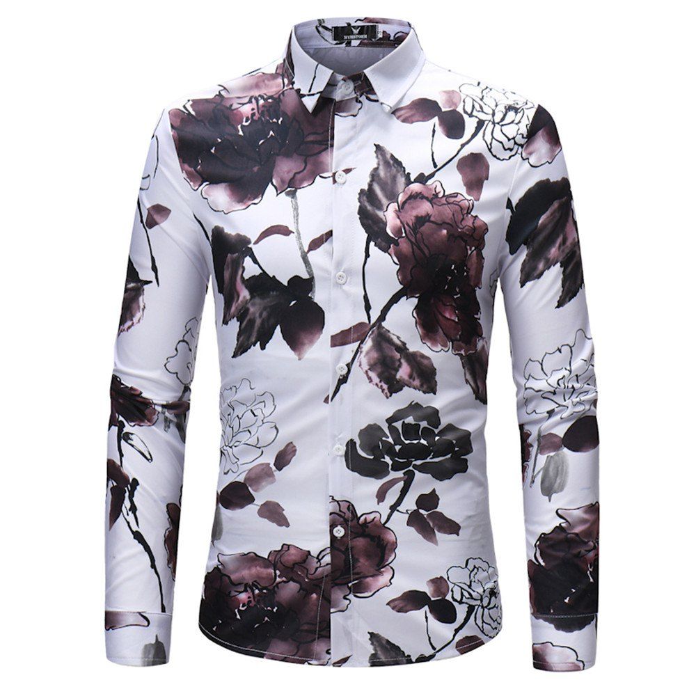 

New Style Long Sleeve Ink Flower Pattern Shirt, White