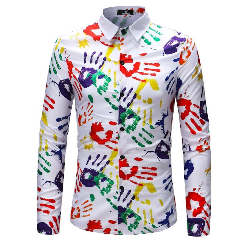 

New New Men's Hand Palms Printed Long Sleeve Shirt, Warm white