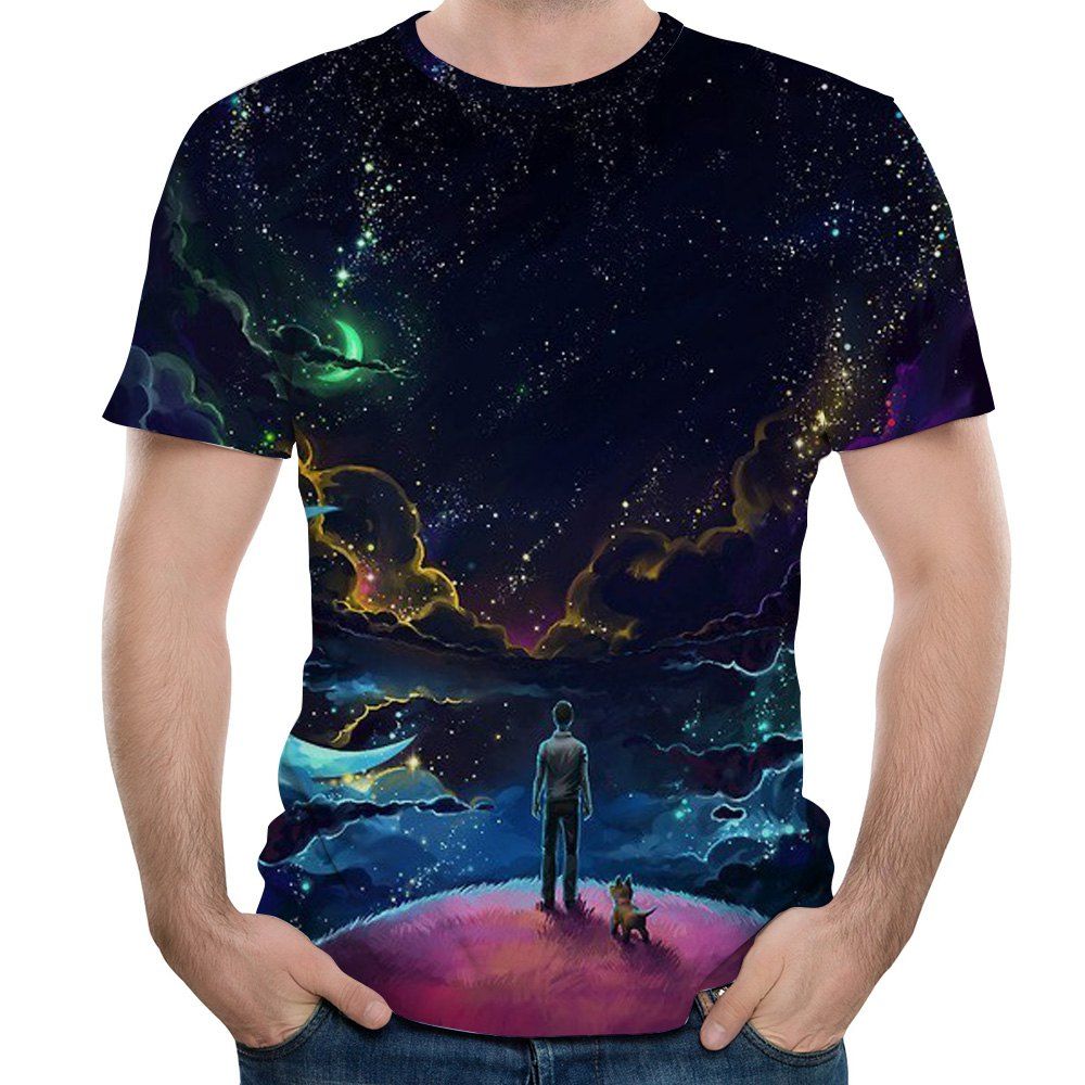 

2018 New 3D Night Sky Print Men's Short Sleeve T-shirt, Midnight blue