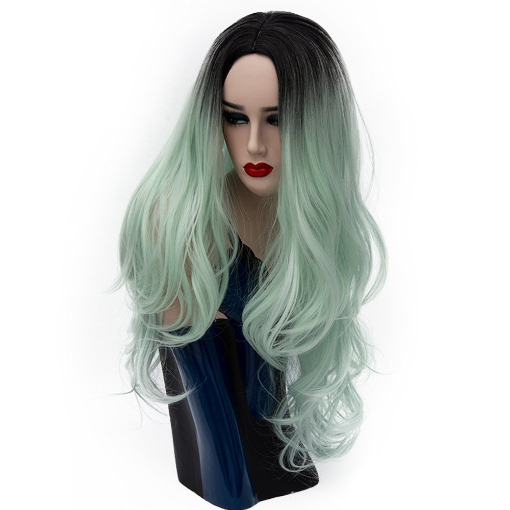 

Fashion Long Curly Wig Bob Hair for Women Black to Green Heat Resistant 29 inch, Light sea green