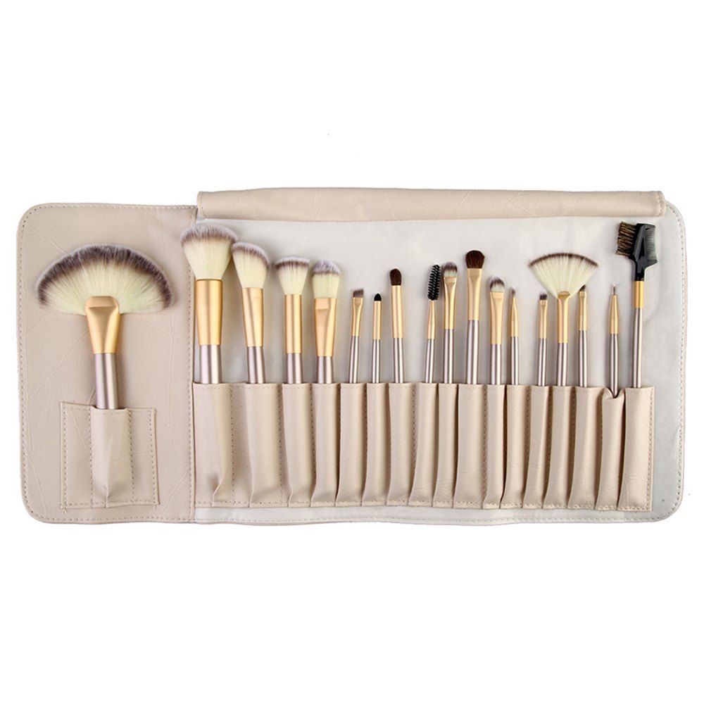 

18pcs Professional Cosmetic Champagne Makeup Brushes Set with Leather Case, Beige
