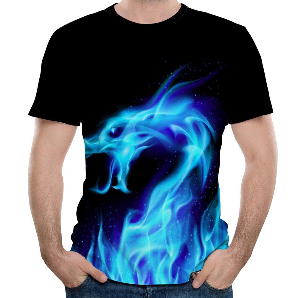

New Summer Fashion Blue Dragon 3D Print Men's Round Neck Short Sleeve T-shirt, Multi-b
