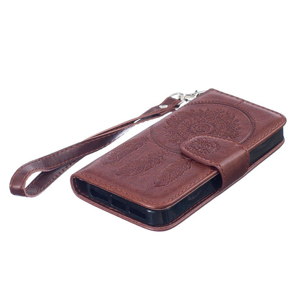 

3D Embossed Wind Bell PU Leather Flip Folio Wallet Cover for iPhone 5/5S/SE, Brown