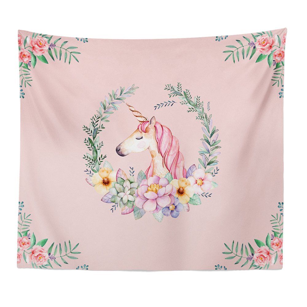 

Hand-Painted High Definition Cartoon Unicorn Wall Tapestry Hanging Artist Living, Light pink