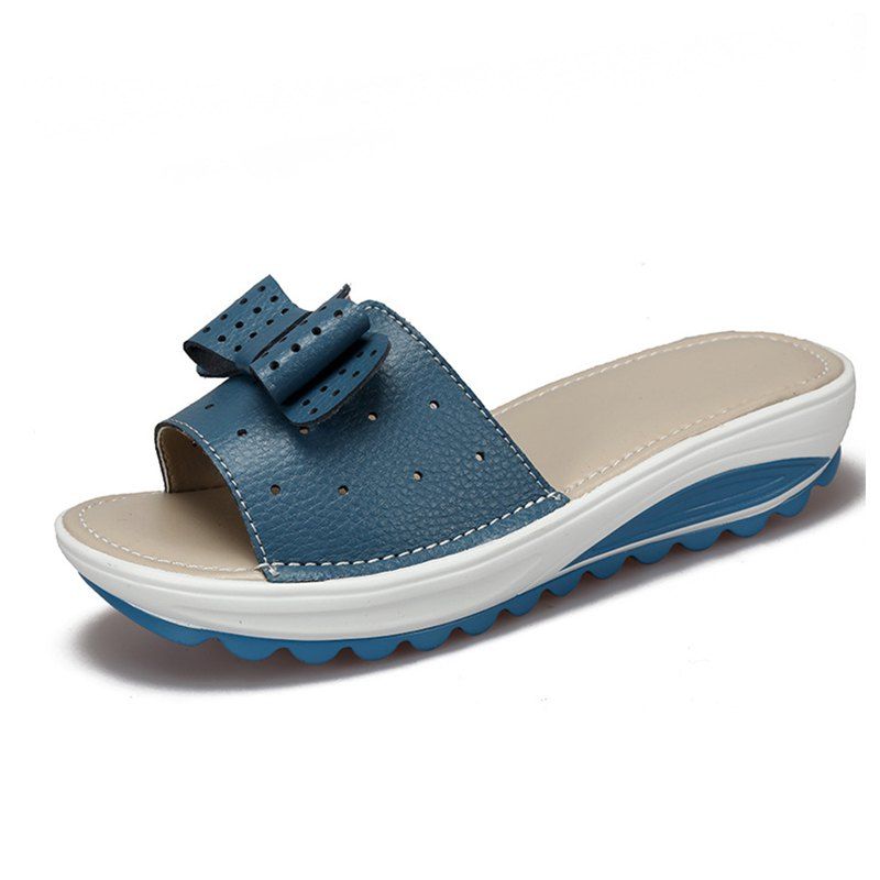 

Women Summer Casual Thick-soled Non-slip Slippers Hollow PU Shoes, Blue jay