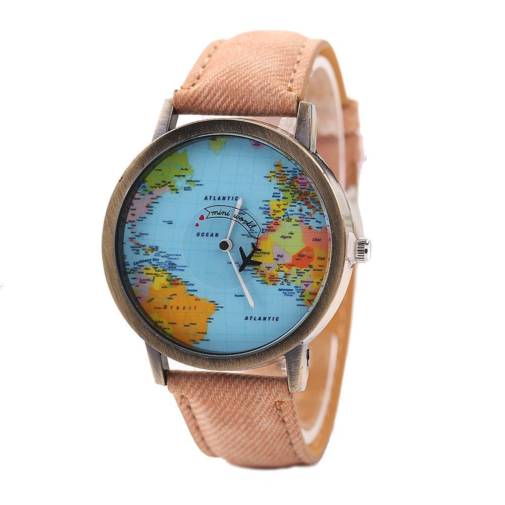 

XR1105 Men Simple Vintage Jean Canvas with PU Band Map Watch, Brown sugar