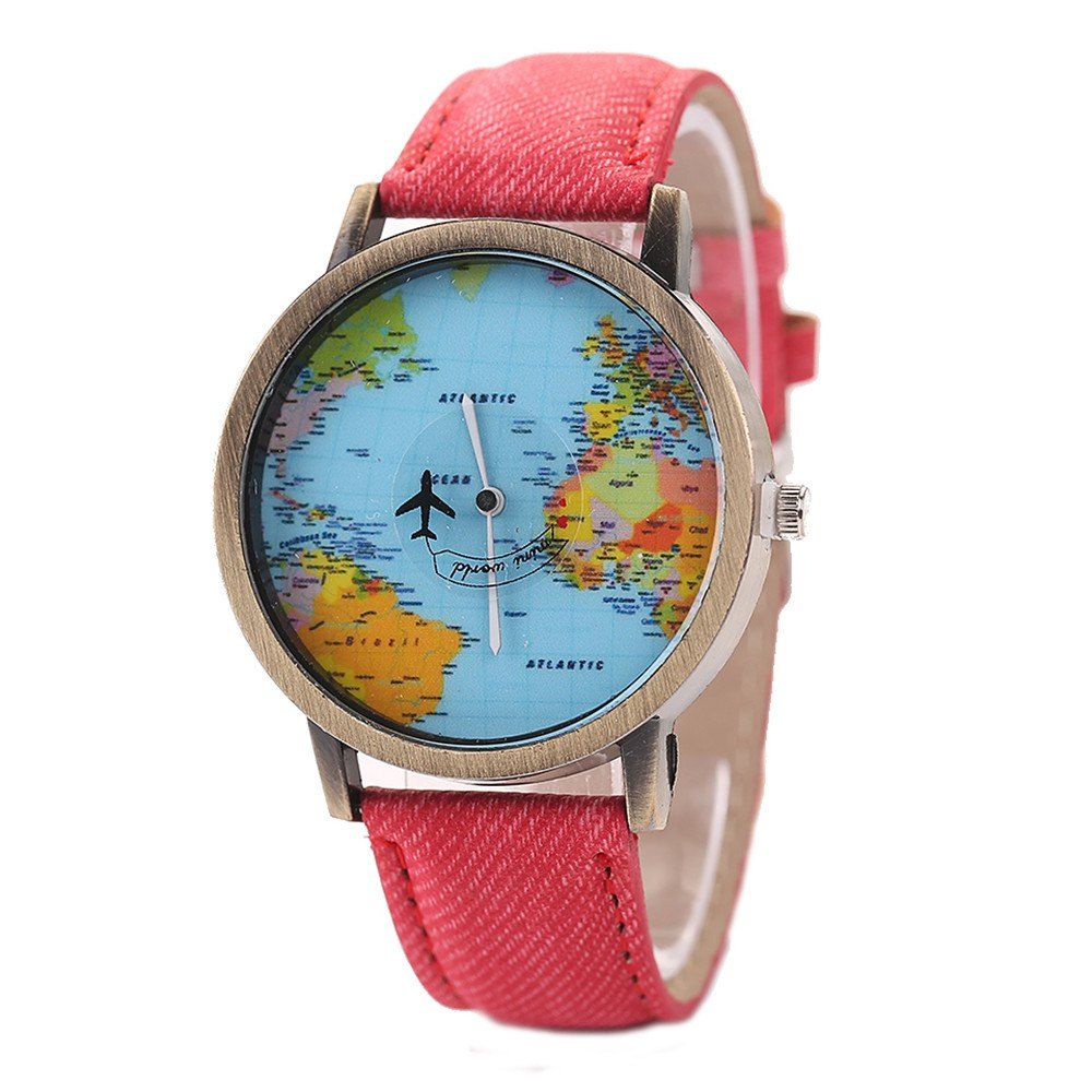 

XR1105 Men Simple Vintage Jean Canvas with PU Band Map Watch, Red