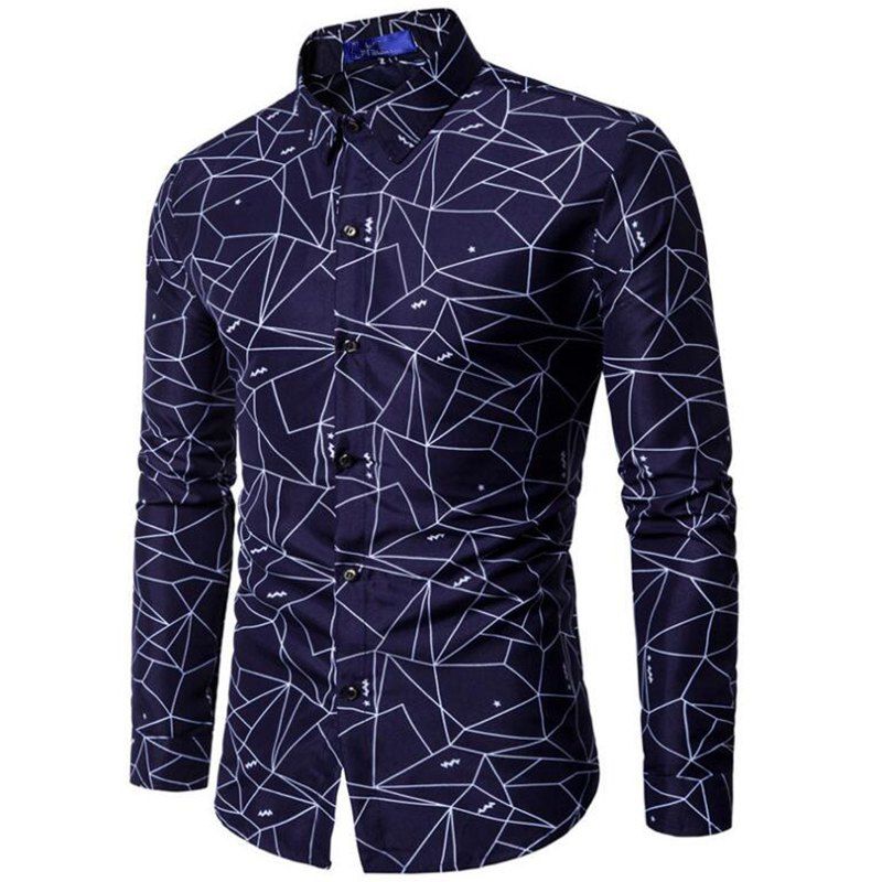 

Men's Print Lattice Long Sleeve Casual Shirt, Denim dark blue