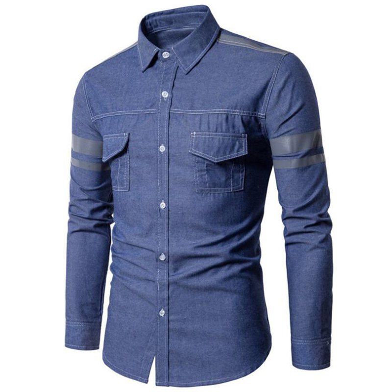 

Men's Imitation Denim Patch Pocket Long Sleeve Casual Shirt, Denim blue