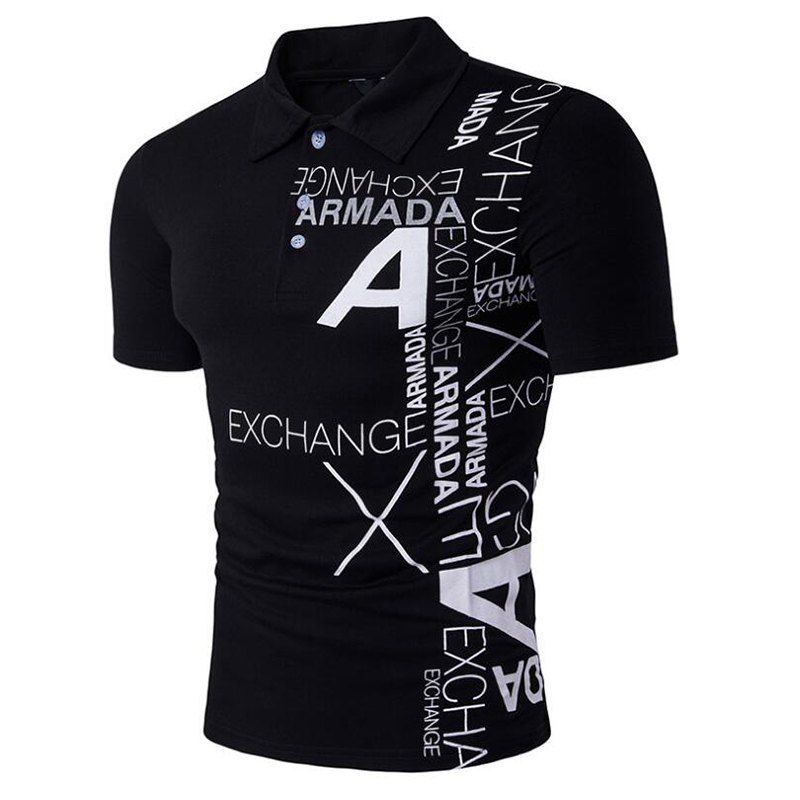 

Men's Letter Print Cotton Slim Polo Shirt Collar, Black