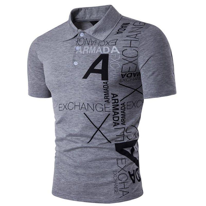 

Men's Letter Print Cotton Slim Polo Shirt Collar, Light gray