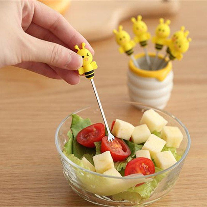 

6PCS Bee Stainless Steel Fruit Fork with Honey Pot Holder, Yellow