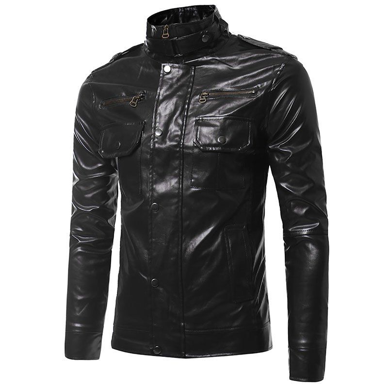 

Epaulet Pockets Multiple Zippers Collar Locomotive Leather Jacket, Black