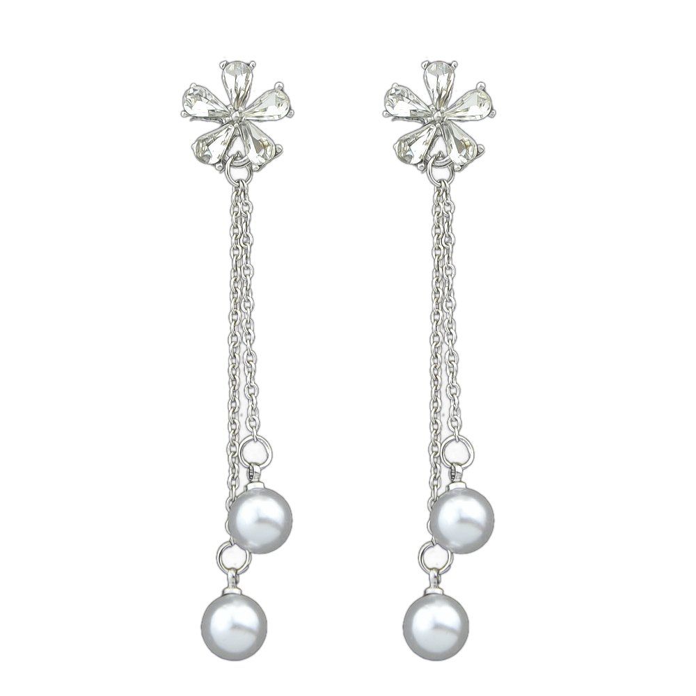 

Simulated-pearl And Crystal Flower Shape Earrings, White