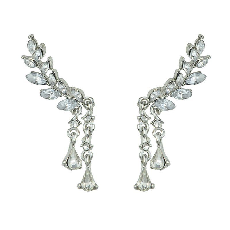 

Geometric Leaf Pattern With Rhinestone Dangle Earrings, Silver