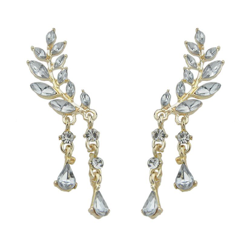 

Geometric Leaf Pattern With Rhinestone Dangle Earrings, Gold