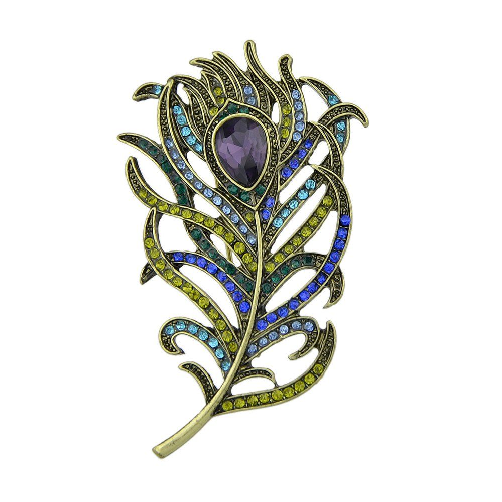 

Colorful Rhinestone Stone Feather Shape Brooch, Greenish blue