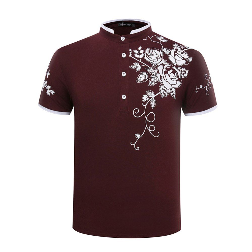 

The New Summer Fashion Leisure Men Rose Stamp Collar Short Sleeve Polo Shirt, Red wine